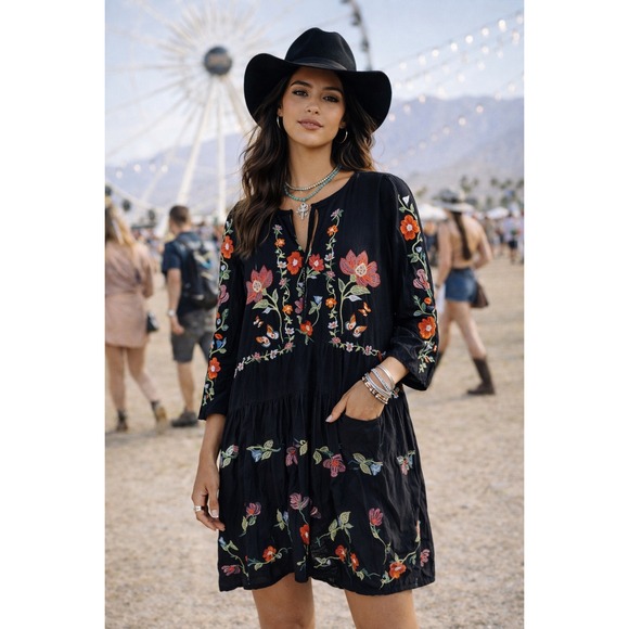 ZARA WOMAN Dresses & Skirts - Black Embroidered Floral Butterfly Dress Size S Boho Festival Country Prairie